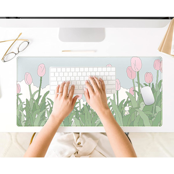 VattenfärgTulpan Blommunderlägg, Utökad Gaming Musmatta XXL Kawaii Anime Rosa Grön Stor Full Desk för Trådlös Mus Tangentbord 31,5\"x15,75