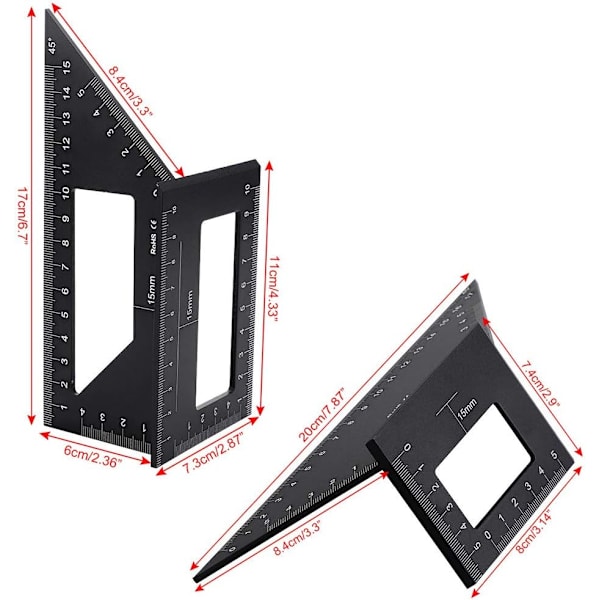 2 Sadel Layout Vinkelmåler til Træbearbejdning, 45/45 Grader - 90/45 Grader Vinkel Layout Gehrungsvinkel Måling T Lineal, Aluminiumlegering (Sort)