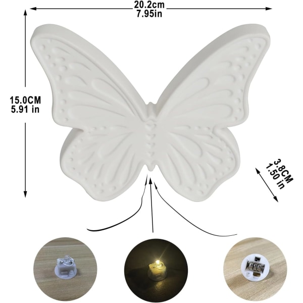 Fjärilsnattlampa, keramisk bordslampa, konstprydnad dekoration nattlampa, julklappar till barn, lämplig för sovrum (fjäril-vit)
