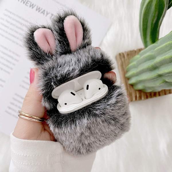 Kompatibel med AirPods Pels Kanin Etui Piger 3D Tegneserie Søde Kaninører Plys Plys Varmt Bære Etui til AirPods 1 & 2 Grå