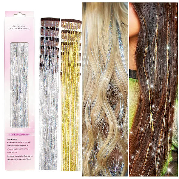 Clip in Hair Tinsel, 12 st Glitter Fairy Tinsel Hair Extensions 20 tum glänsande Hair Tinsel värmetålig, glittrande trådar (Silver Gold)