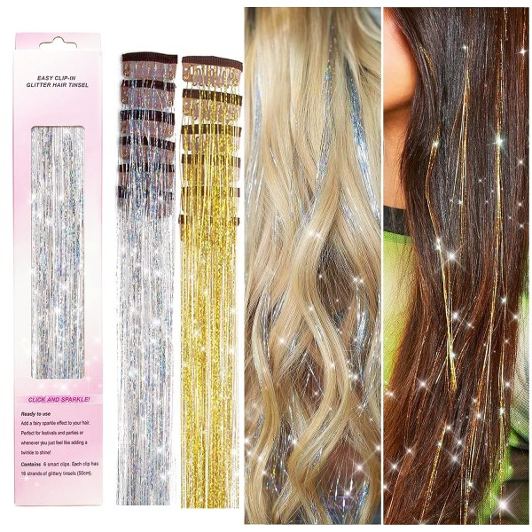 Clip in Hair Tinsel, 12st Glitter Fairy Tinsel Hair Extensions 20 Inch Shiny Hair Tinsel Värmebeständigt, gnistrande trådar (silverguld)
