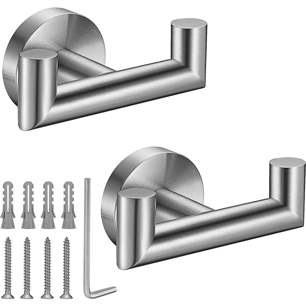 Håndklædekroge til badeværelser, børstet nikkel håndklædekrog til køkken badeværelse, SUS304 rustfrit stål frakkekrog, Heavy Duty dobbelt holder badekåbe kroge, 2 pakke