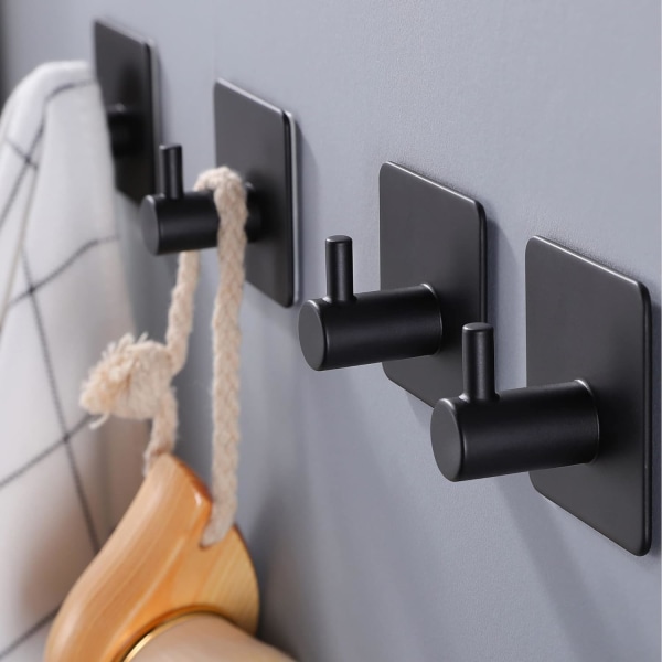 Adhesive Hooks/Towel Hook - Wall Hooks Stick on Hooks Heavy Duty for Hanging Towels/Coat/Hat/Bag SUS-304 Stainless Steel Matte Black 4 Packs