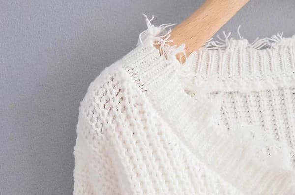 Dam V-ringad Lösstickad Tröja Långärmad Riven Jumper Pullover Crop Top Tröjor Vit