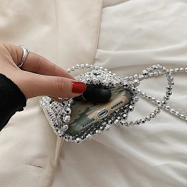 Crossbody-väska för telefon, liten mobiltelefonväska, axelväska quiltad plånbok med pärlkedja för kvinnor flickor silver