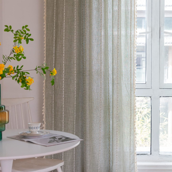 Bohemiska gardiner broderade randiga linnegardiner 84 tum långa 2 delar sovrum ( B 132,08 cm x L 160,02 cm, grågrön)
