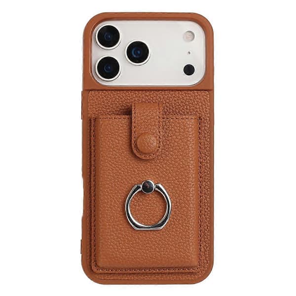 Kompatibelt etui til iPhone 17 Pro Max med ringstativ, harmonikakortlomme og læderbagside (Brun)