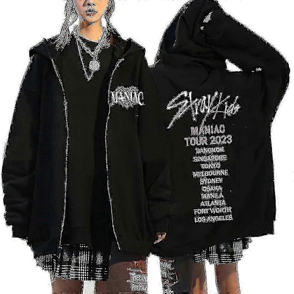 Stray Kids Hupparit Skzoo Printti Takit Skz Hupullinen Takki Korealainen Kpop Konserttitakki Stray Kids Collegepaita Y2k Miehet Naiset-Yvan Black10 XL