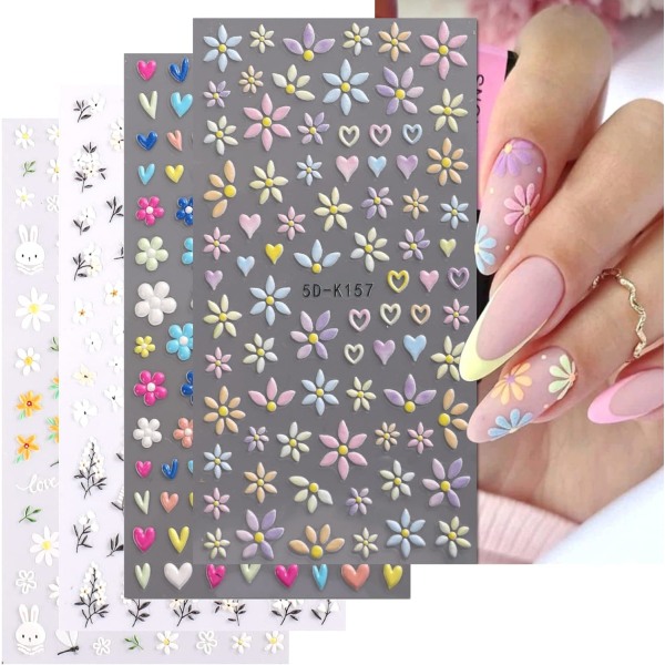 4 ark 5D-präglade nagelklistermärken självhäftande färgglada blommornagelklistermärken för nail art
