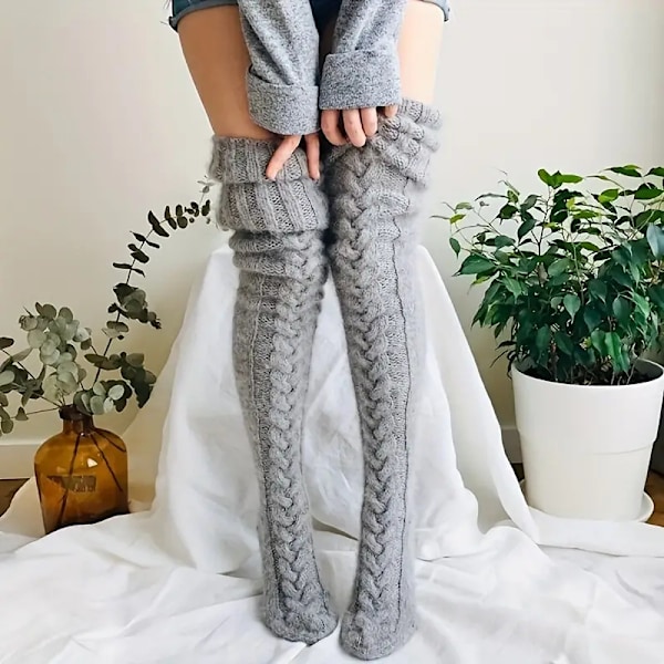 Varma stickade knähöga strumpor höga lårhöga svarta svarta Light grey