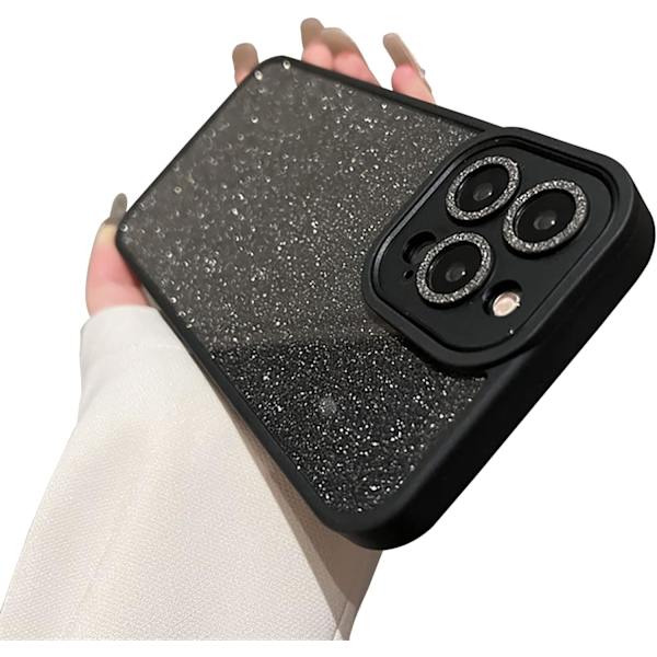 iPhone 13 Pro Max-fodral med lyxigt metalliskt bling-kameraglas, sött glittrande diamant, smalt, genomskinligt baksida och matt stötfångare i silikon, stöttåligt, för kvinnor – svart
