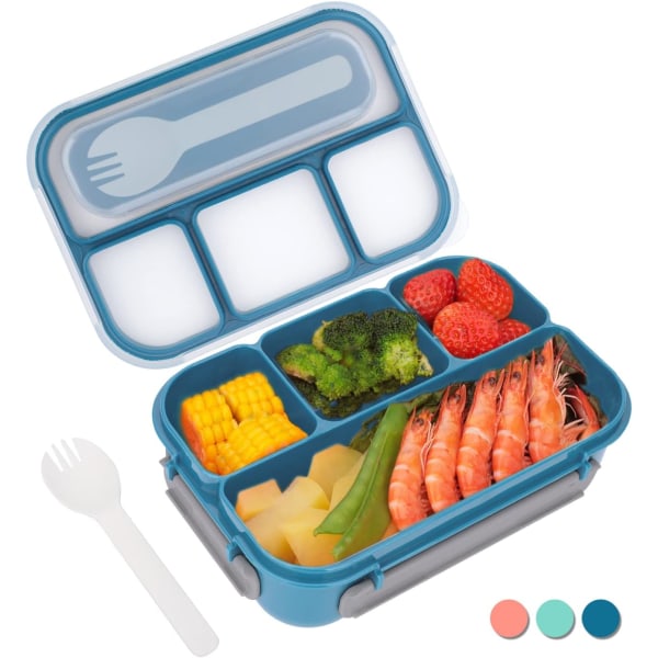 Bento Lunsjboks, Bento Lunsjboks for Voksne, Lunsjboks for Småbarn/Barn/Voksne, 1300 ml - 4 Rom og Gaffel; Lekkasjesikker (Blå)