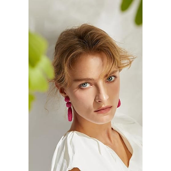 Boho Raffia Ball Örhängen för Kvinnor, Statement Raffia Runda Drop Örhängen - Sommar Strand Semester Smycken