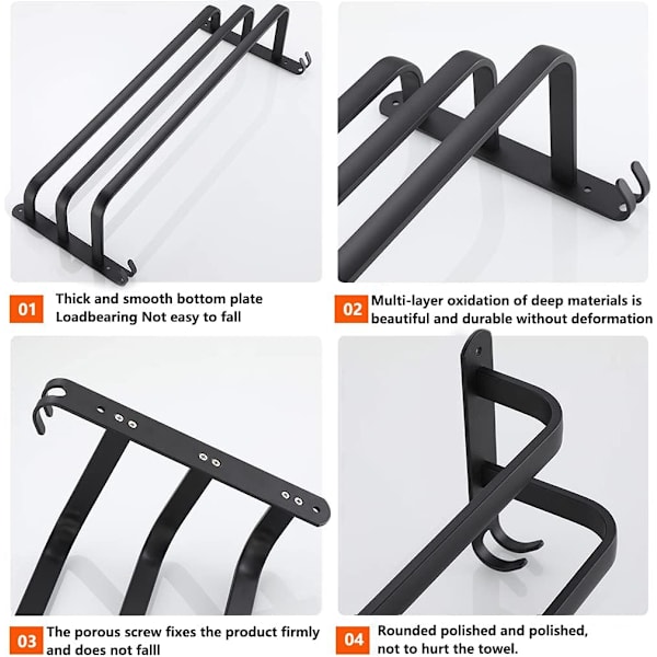 Vægmonteret håndklædeholder i aluminium - 3 lag - vandtæt - sort - 30 cm - til badeværelse, køkken, badeværelse - 30 cm