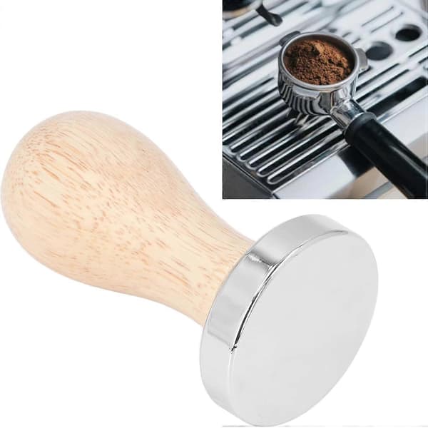 49 mm kaffetamper med ergonomisk træhåndtag, flad base i rustfrit stål, aftagelig til barista