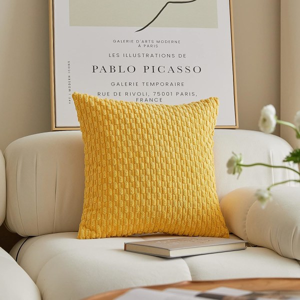 Set med 2 dekorativa cover solid randigt manchester plysch sammet cover för soffa Maskintvättbart örngott, 50 cm, 20 x 20 tum, gul