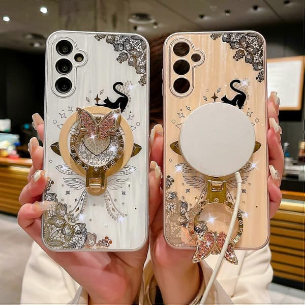 Magnetic Case for Samsung Galaxy S25 with Rhinestone Decor, Stand and Cat Pattern, TPU+PC Phone Case (White)