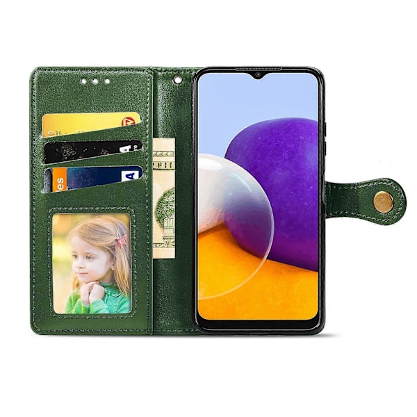 Samsung Galaxy A22 4G -puhelimelle yksivärinen nahkainen soljellinen suojakotelo, jossa on kaulanauha, valokuvakehys, korttipaikka, lompakko ja jalustatoiminto Green