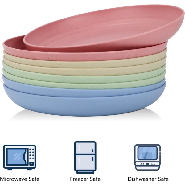 Deep Dish 8-delad set i plast, mikrovågs- ​​och diskmaskinssäker, vetehalmbricka för kök, 4 färger (färgglad, 8 tum)