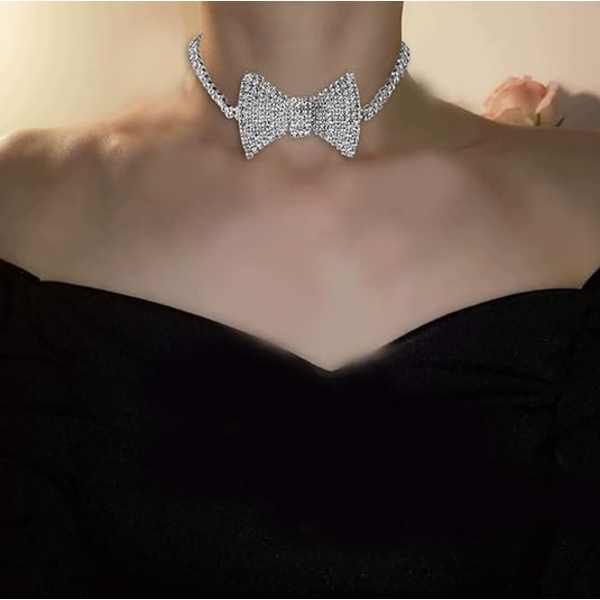 Boho Rhinestone Choker Halskæde Sølv Krystal Sløjfe Halskæder Fest Smykker Tilbehør til Kvinder og Piger