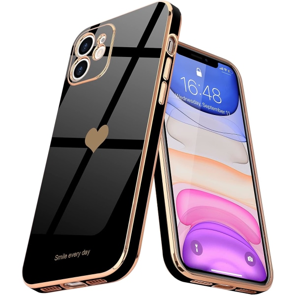 Kompatibel med iPhone 11 Etui for Kvinner Jente Søt Kjærlighet-Hjerte Luksus Bling Plating Myk Bakdeksel Hevet Full Kamera, Svart