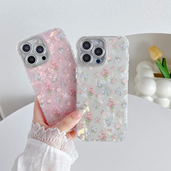 (White) Sweet Tulip Flower Bowknot Shell Pattern Phone Case Compatible with iPhone 12 Case