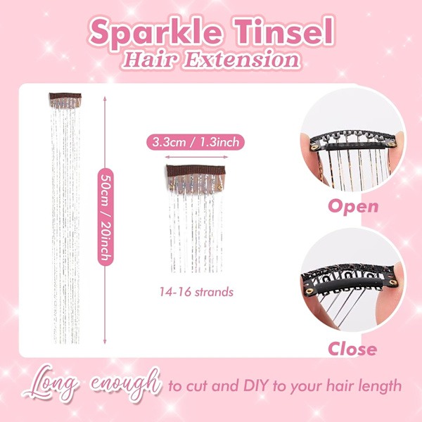 Clip in Hair Tinsel, 12 st Glitter Fairy Tinsel Hair Extensions 20 tum glänsande Hair Tinsel värmetålig, glittrande trådar (Silver Gold)