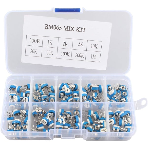 100 Pieces 10 Values Variable Resistance Adjustable Trimmer Potentiometer Rheostat with Plastic Box 500 Ohm-1 Mt