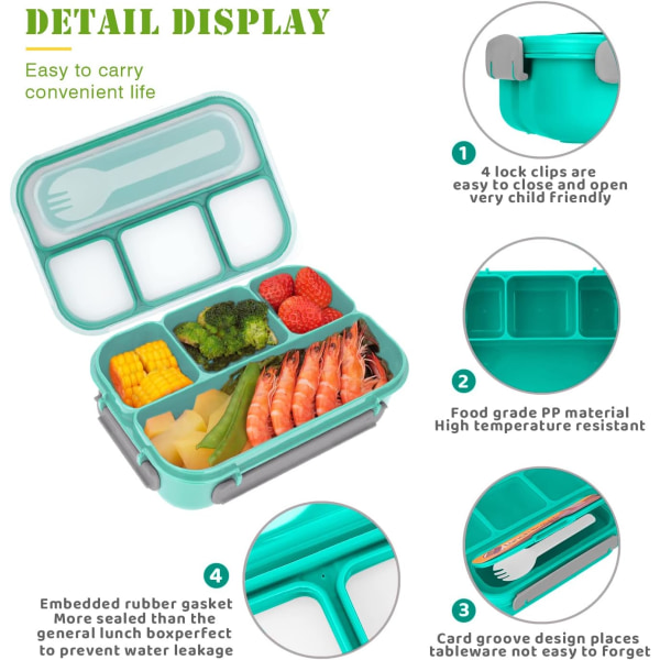 Bento Lunchbox, Bento Lunchbox för vuxna, Lunchbox för toddler/barn/vuxen, 1300 ml-4 fack och gaffel; Läcksäker (grön)