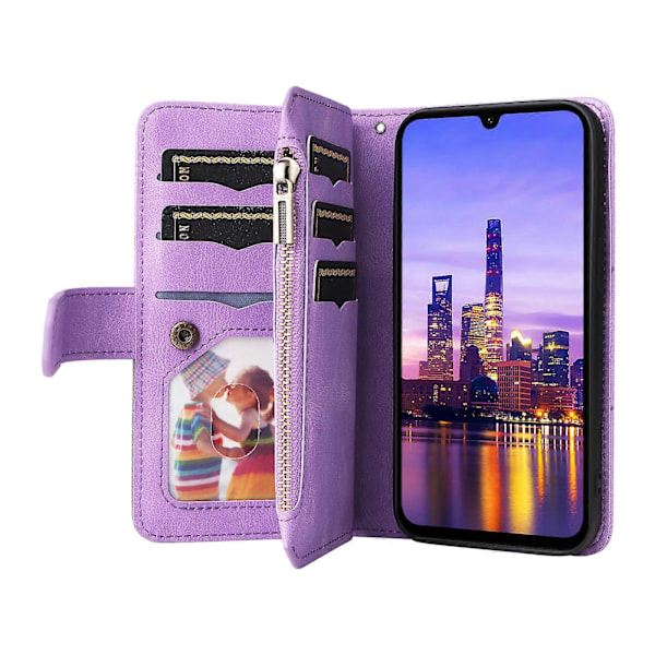 Monitoimikotelo Samsung Galaxy A16 -puhelimelle, vetoketjullinen lompakkokotelo, nahkainen puhelinkotelo jalustalla Purple