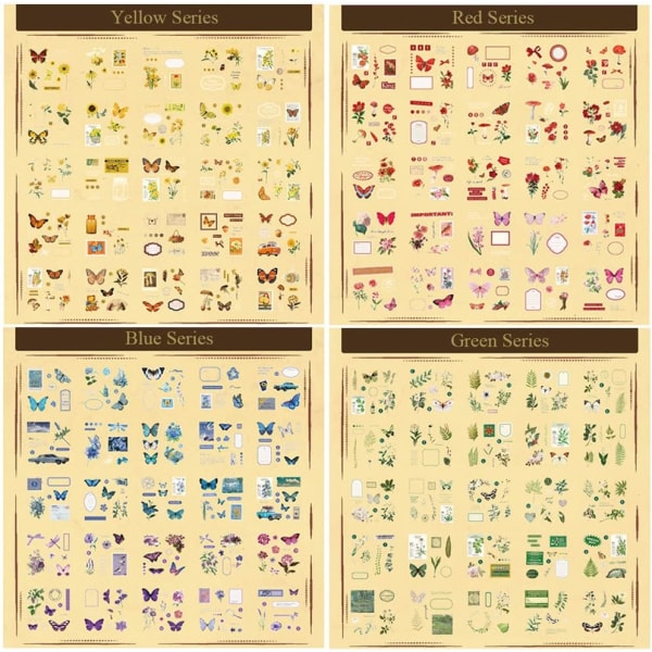 Retro dekorativa klistermärken Presentförpackning 100 ark, journalföring Vattentät PET Butterfly Plant Flower Stickers för Scrapbook