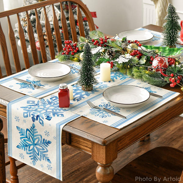 Snöflingor Randiga Bårder Vinter Placemats Set om 4, 12x18 Tum Jul Semester Bordsmattor för Fest Kök Mat Dekoration