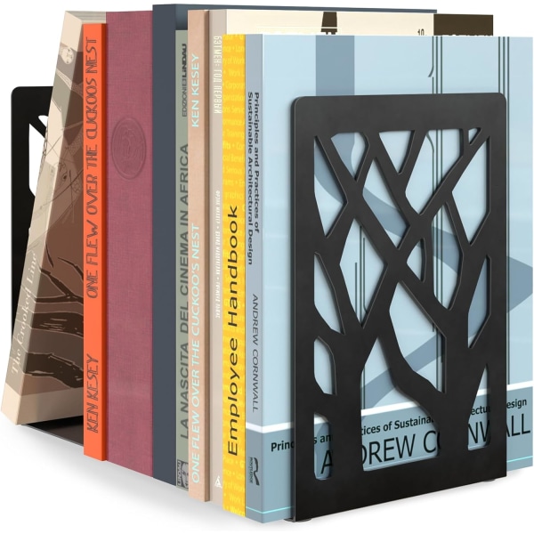 Bokavslut Träddesign Moderna bokstöd för hyllor, halkfri bokstöd, bokstopp i tung metall för böcker/CD-skivor, 7 x 4,7 x 3,5”, svart