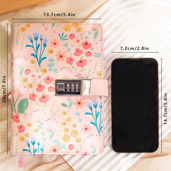 Dagbok med lås, blomma och fjärilsjournal, påfyllningsbar PU-läderdagbok med lås och nyckel för kvinnor flickor, B6 hemlig personlig