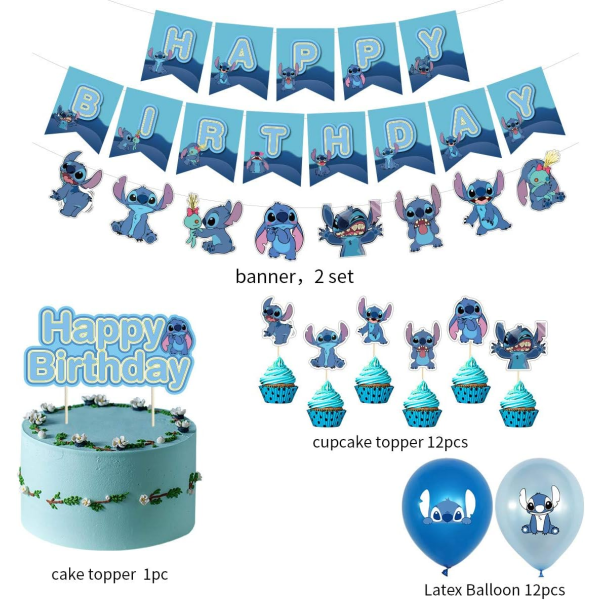 Lilo and Stitch Födelsedagsfestdekoration, Stitch Födelsedag Banner Cake Toppers Ballonger,Stitch Theme Födelsedagsfestdekorationer