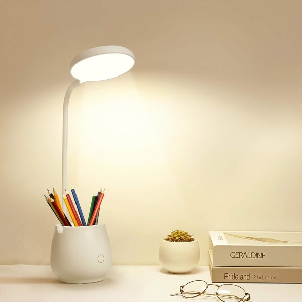 Skrivbordslampor för hemmakontor, LED-bordslampa med pennhållare Telefonhållare, 3 färgljuslägen