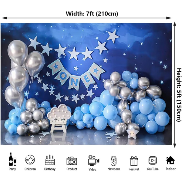 Blue Sky Twinkling Stars Ballonger Pojkar 1:a födelsedagsfest Ett år gammal tårta Smash Dekor Bakgrund för hemmafest Banner Fotostudio, 7x5ft