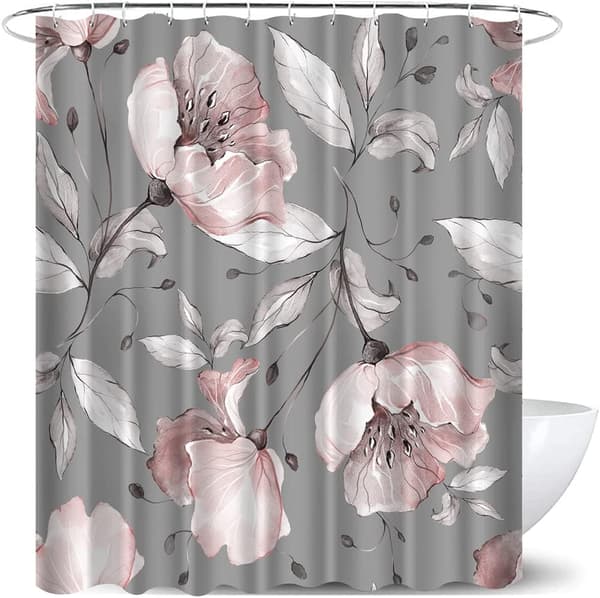 Elegant Rosa Blomstret Dusjforheng Grå Blad Blomstret Grått Stoff S