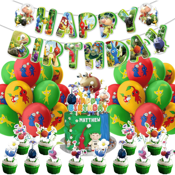 Pikmin Festtillbehör Kapten Olimar Videospel Födelsedagsfestdekorationer med Grattis på födelsedagen Banner Cake Topper Ballonger för barn