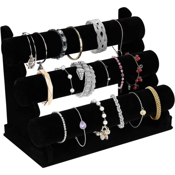 Sammetsarmbandshållare med 3-våningsställ, svart löstagbart smyckesdisplaystativ T-Bar Halsband Organizer för armband