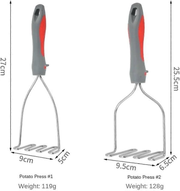 Potetmoser og rispresse i rustfritt stål med dobbeltsidig design og ergonomisk grep, rød