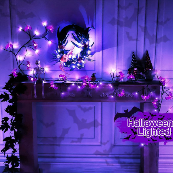 [ 8 lägen & timer ] Halloween pilgren kvist dekorationsgirlang med LED-fladdermöss och lila 6 fot 54 LED Halloween-lampor eldstad