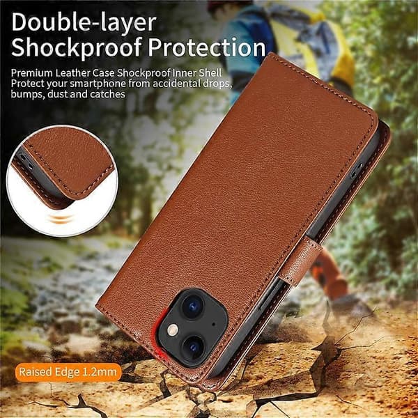 Compatible Leather Case for iPhone 15 with Litchi Texture, RFID Wallet, and Stand (Brown)