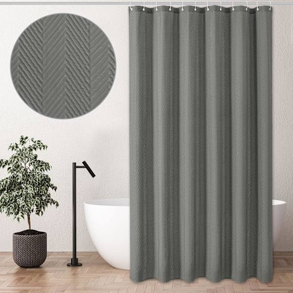 Grå bruseforhæng, 3D præget tekstureret sildebensstof bruseforhæng, moderne bruseforhængssæt med kroge, 72x72