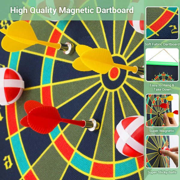 Magnetisk dartboard, dobbeltsidet sikkerhedspil med 4 magnetiske pile og 4 klæbrige bolde, til indendørs og udendørs brug