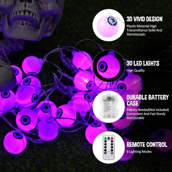 Halloween-lyslenke, 30 LED-vanntett dekorative batteridrevne lys, øyeeple LED-ferielys med 8 moduser fjernkontroll (lilla)