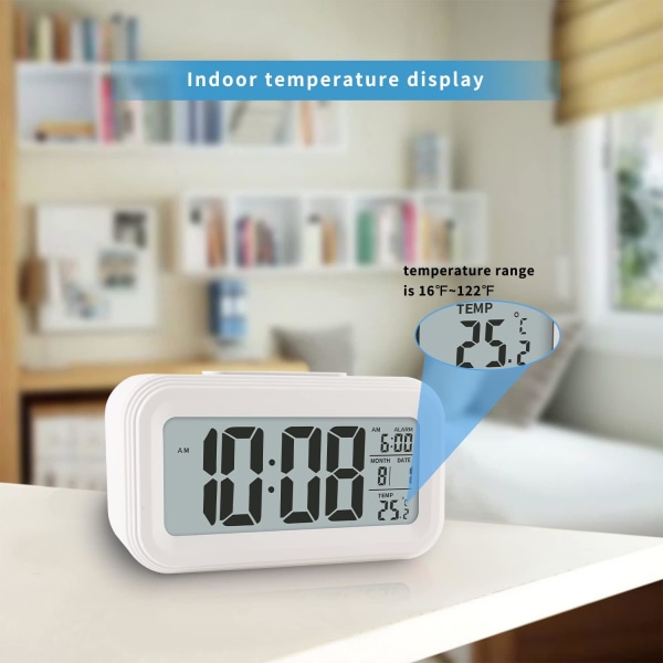 Digital väckarklocka med inomhustemperatur, batteridriven, snooze-modell, 12/24H-visning för sovrum, tunga sovare, barn, resor, badrum