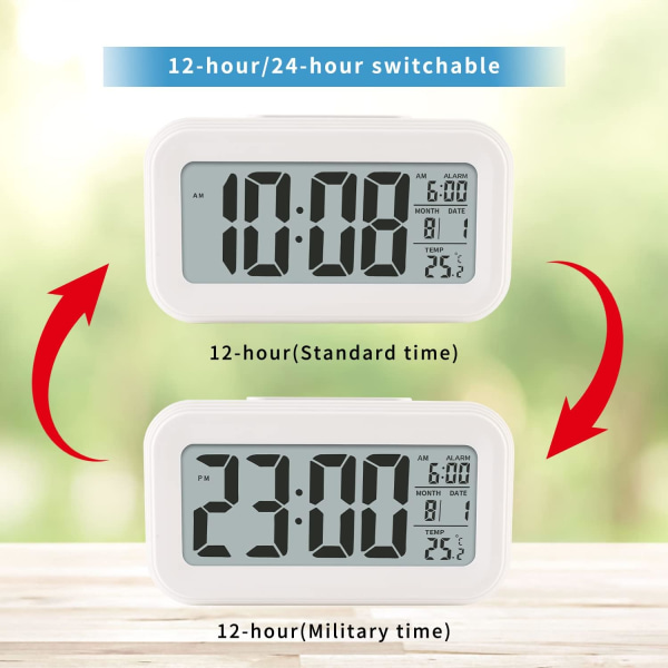 Digitaalinen herätyskello sisätilojen lämpötilalla, paristokäyttöinen, torkkumalli, 12/24 tunnin näyttö makuuhuoneisiin, raskaille nukkujille, lapsille, matkoille, kylpyhuoneeseen