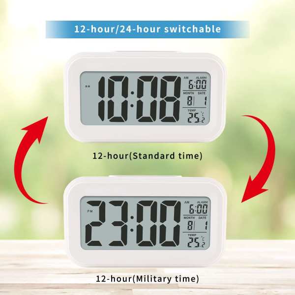 Digital väckarklocka med inomhustemperatur, batteridriven, snooze-modell, 12/24H-visning för sovrum, tunga sovare, barn, resor, badrum